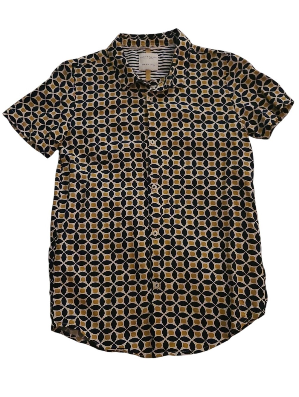 Boys Retro Short-Sleeve Geometric Print Shirt in Black & Gold Sz 13 / 14